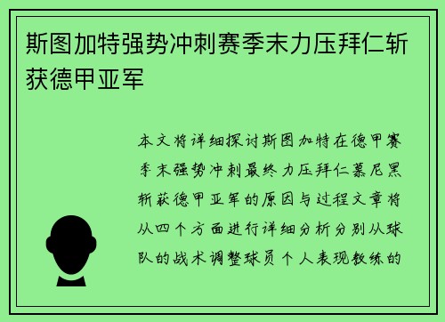 斯图加特强势冲刺赛季末力压拜仁斩获德甲亚军 斯图加特强势冲刺赛季末力压拜仁斩获德甲亚军